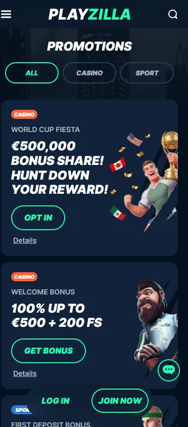 Playzilla Casino mobile browser promotions area