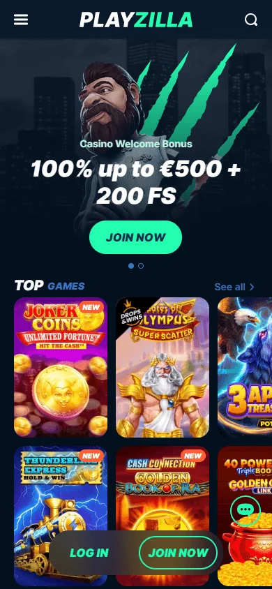Playzilla Casino mobile browser home screen