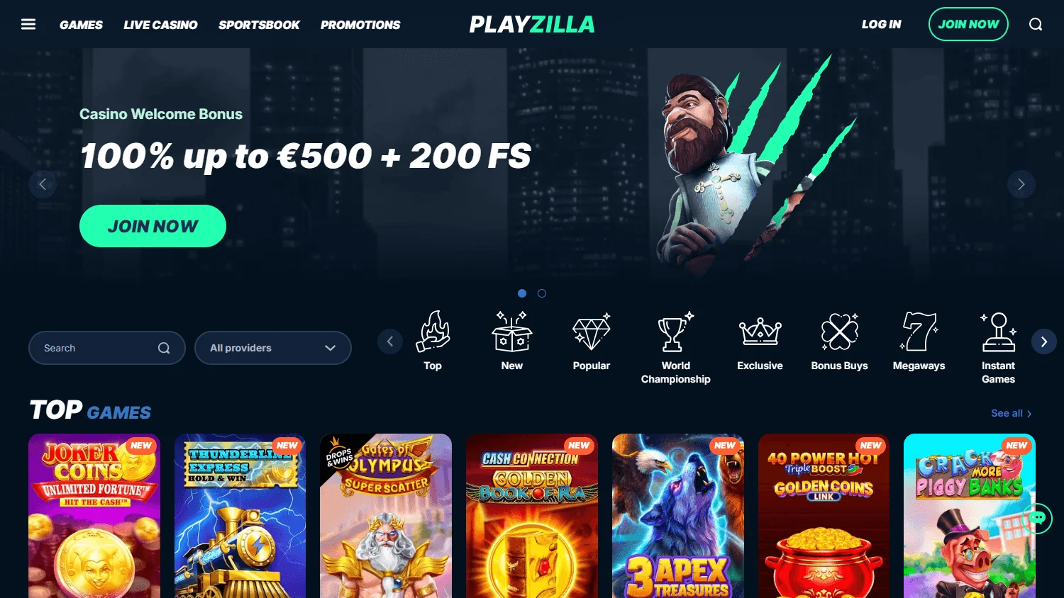 Playzilla Casino desktop home screen with casino, tournament and account areas