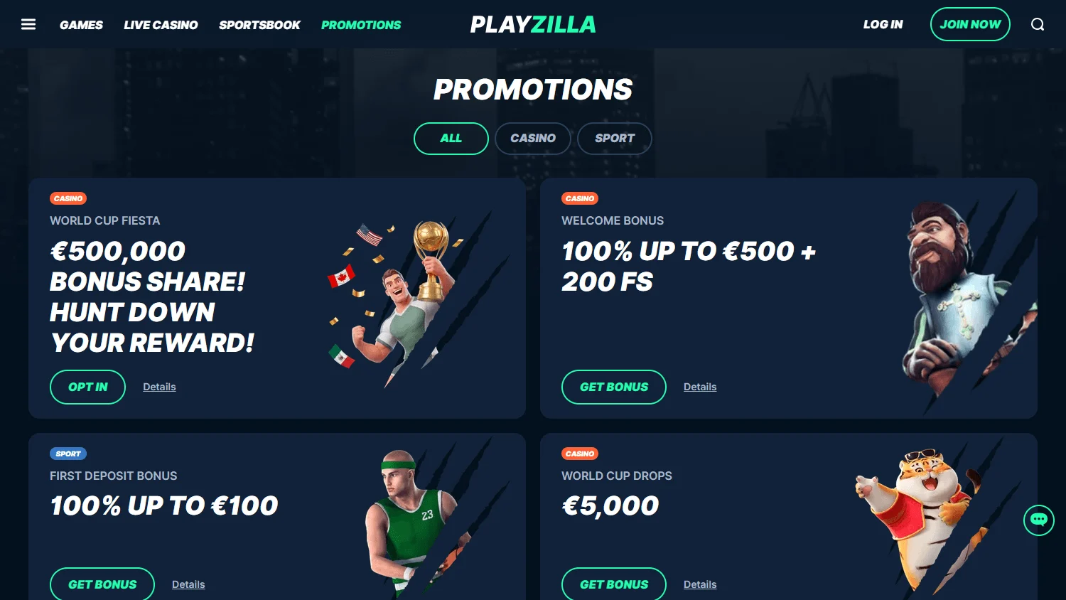 Playzilla Casino desktop promotions area with bonuses and tournament offers