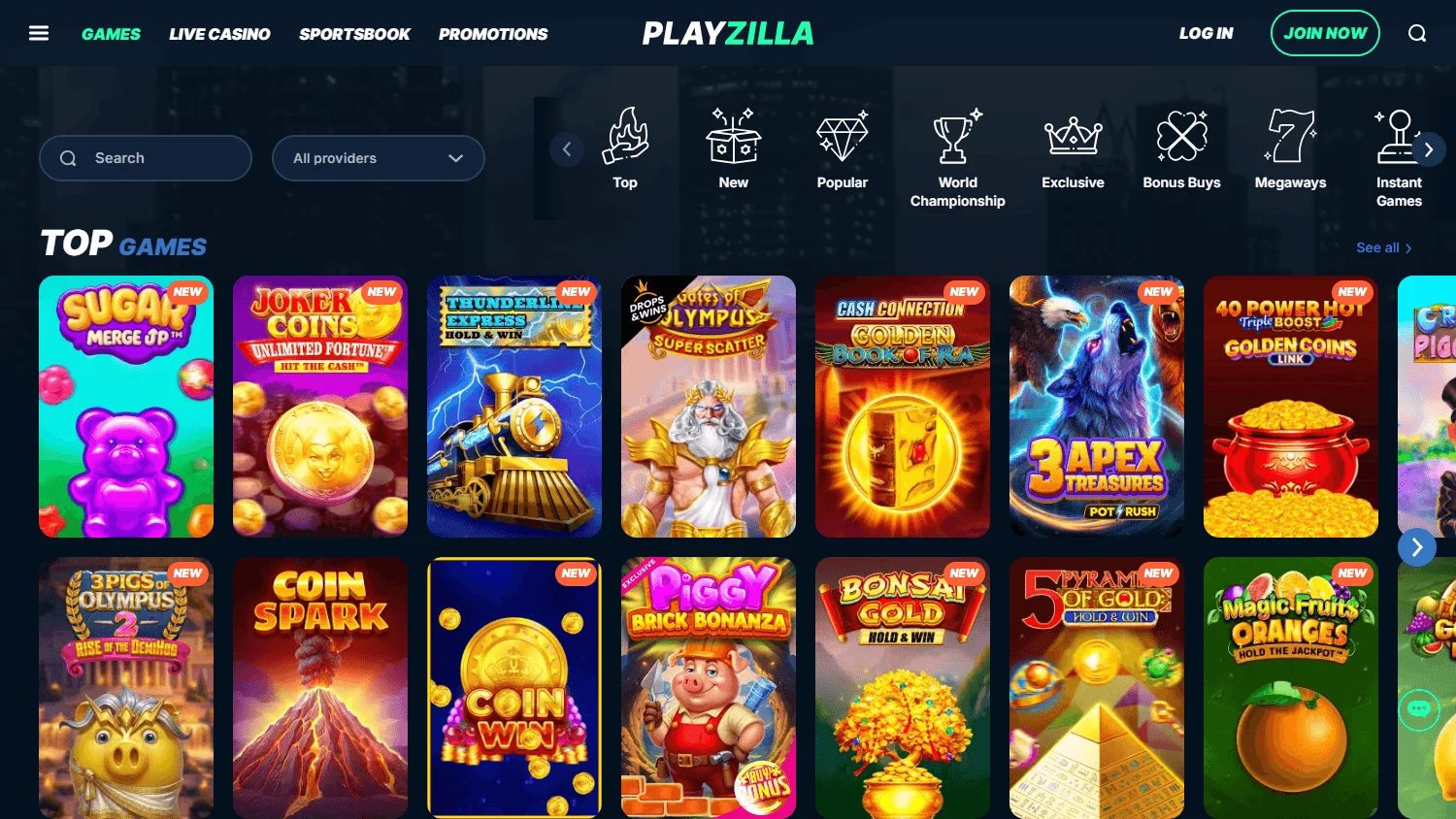 Playzilla Casino desktop game catalogue with slots and live casino categories