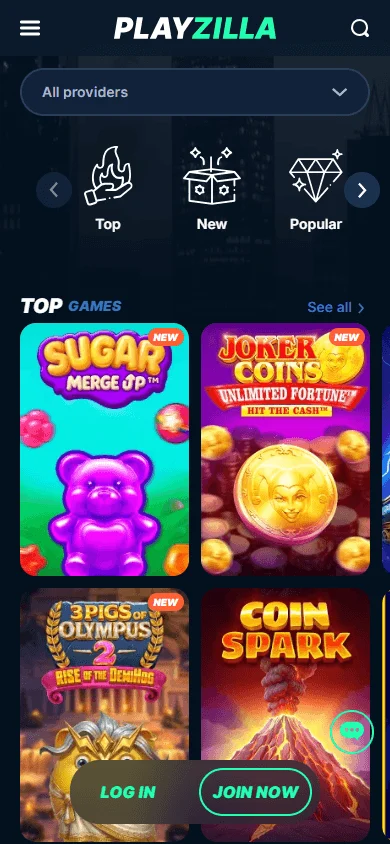 Playzilla Casino mobile browser game catalogue